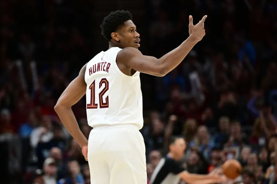 Mar 2, 2025; Cleveland, Ohio, USA; Cleveland Cavaliers forward De'Andre Hunter (12) celebrates after hitting a three point basket during the second half against the Portland Trail Blazers at Rocket Arena. Mandatory Credit: Ken Blaze-Imagn Images