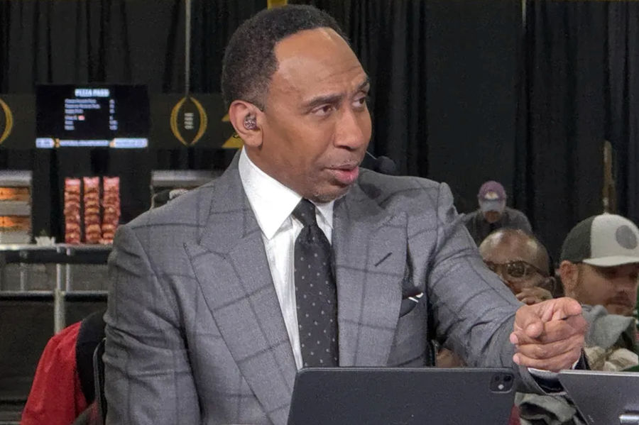 Jan 20, 2025; Atlanta, GA, USA; ESPN personality Stephen A. Smith on the ESPN First Take set at the CFP Fan Central at the George World Congress Center. Mandatory Credit: Kirby Lee-Imagn Images