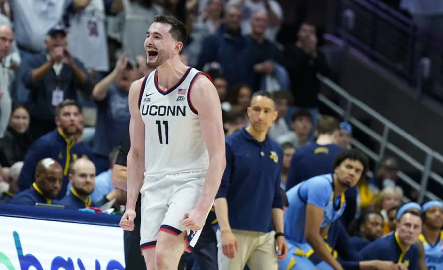 Mar 5, 2025; Storrs, Connecticut, USA; UConn Huskies forward Alex Karaban (11) reacts after defeating the Marquette Golden Eagles at Harry A. Gampel Pavilion. Mandatory Credit: David Butler II-Imagn Images