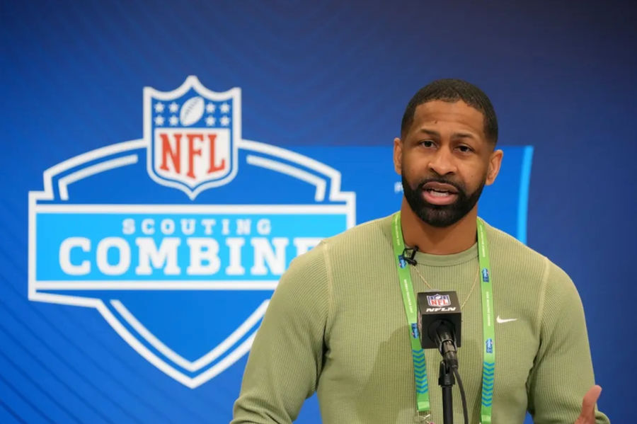 Feb 25, 2025; Indianapolis, IN, USA; Cleveland Browns general manager Andrew Berry speaks during the NFL Scouting Combine at the Indiana Convention Center. Mandatory Credit: Kirby Lee-Imagn Images