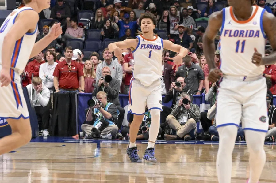 Mar 15, 2025; Nashville, TN, USA; Florida Gators guard Walter Clayton Jr. (1) reacts after a made three point basket against the Alabama Crimson Tide during the second half at Bridgestone Arena. Mandatory Credit: Steve Roberts-Imagn Images