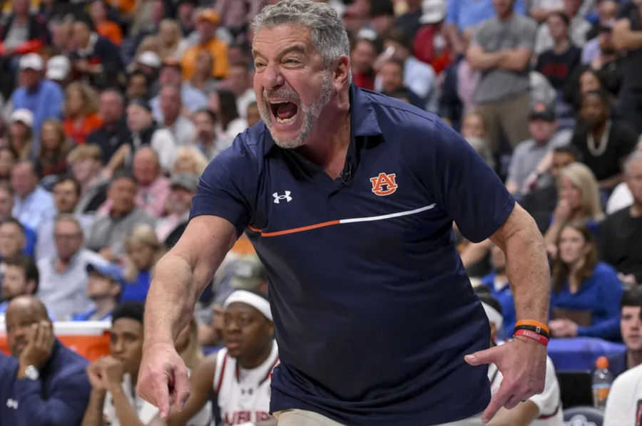 Mar 15, 2025; Nashville, TN, USA; Auburn Tigers head coach Bruce Pearl reacts to a foul called against the Tennessee Volunteers during the second half at Bridgestone Arena. Mandatory Credit: Steve Roberts-Imagn Images