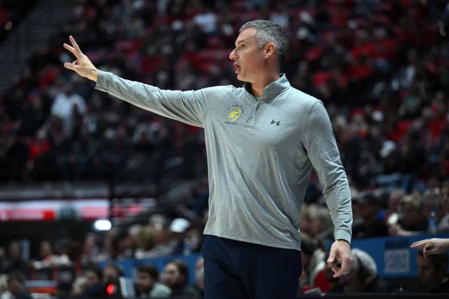 Dec 20, 2022; San Diego, California, USA; UC San Diego Tritons head coach Eric Olen gestures during the first half against the San Diego State Aztecs at Viejas Arena. Mandatory Credit: Orlando Ramirez-Imagn Images