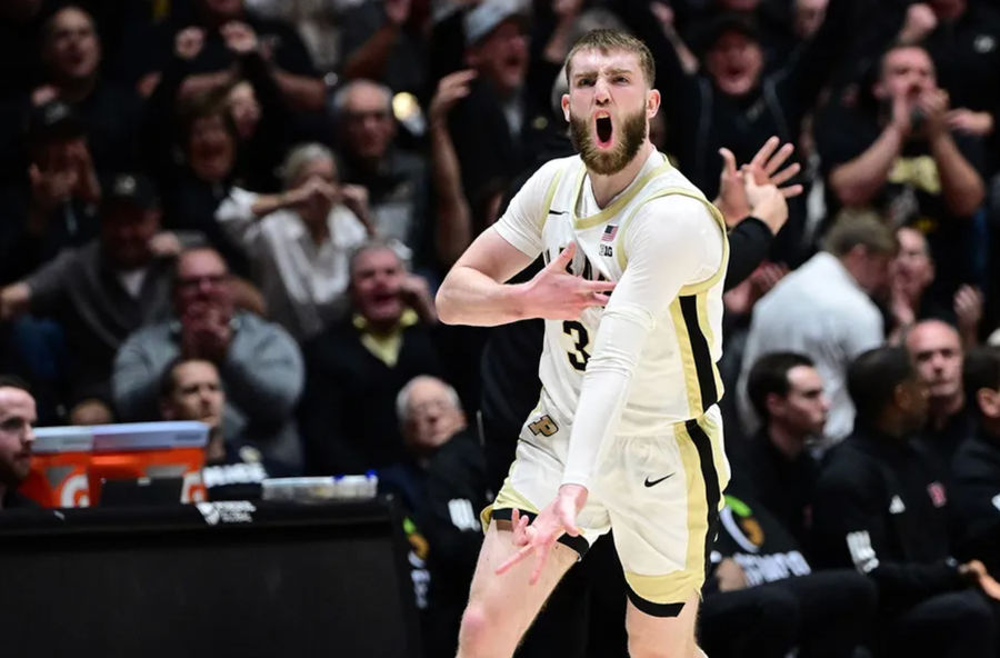 Mar 4, 2025; West Lafayette, Indiana, USA; Purdue Boilermakers guard Braden Smith (3) reacts to making one of his career-high seven 3-pointers against the Rutgers Scarlet Knights at Mackey Arena. Mandatory Credit: Marc Lebryk-Imagn Images