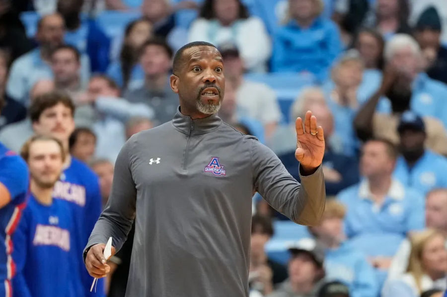 Nov 15, 2024; Chapel Hill, North Carolina, USA; American University Eagles head coach Duane Simpkins reacts in the first half at Dean E. Smith Center. Mandatory Credit: Bob Donnan-Imagn Images