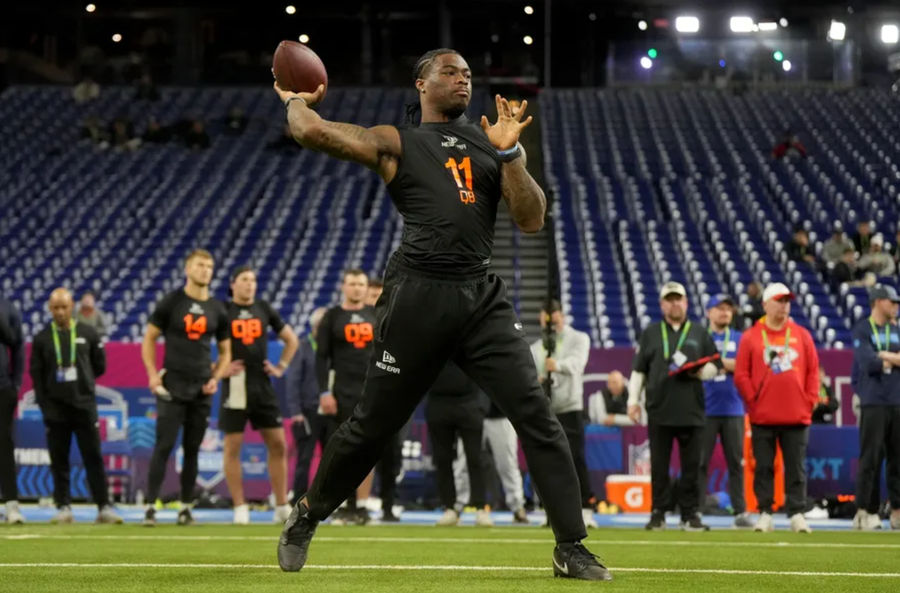 Mar 1, 2025; Indianapolis, IN, USA; Alabama quarterback Jalen Milroe (QB11) during the 2025 NFL Combine at Lucas Oil Stadium. Mandatory Credit: Kirby Lee-Imagn Images