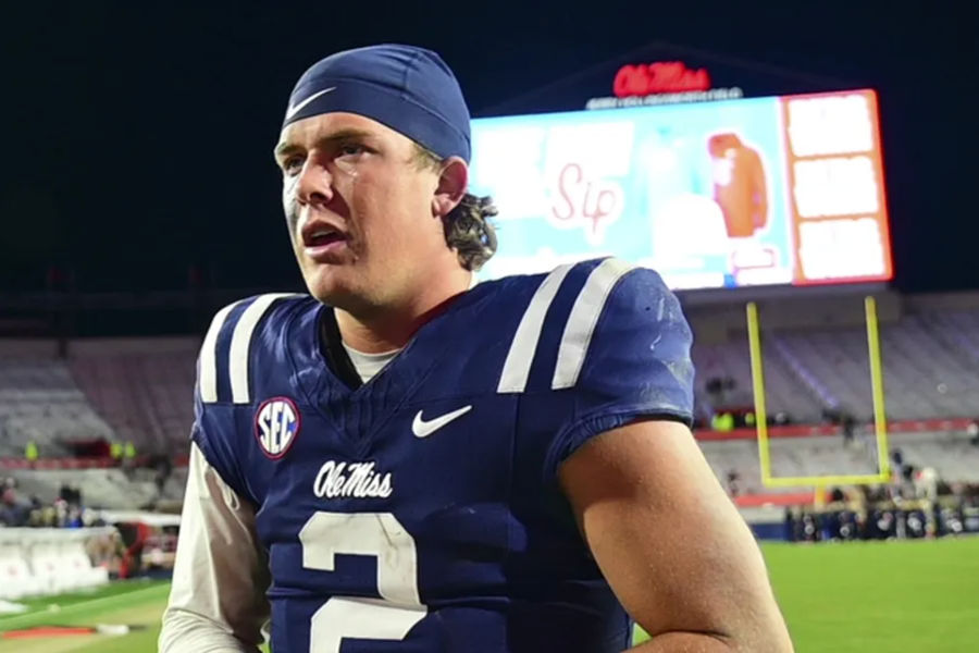 Nov 29, 2024; Oxford, Mississippi, USA; Mississippi Rebels quarterback Jaxson Dart (2) reacts after the game against the Mississippi State Bulldogs at Vaught-Hemingway Stadium. Mandatory Credit: Matt Bush-Imagn Images