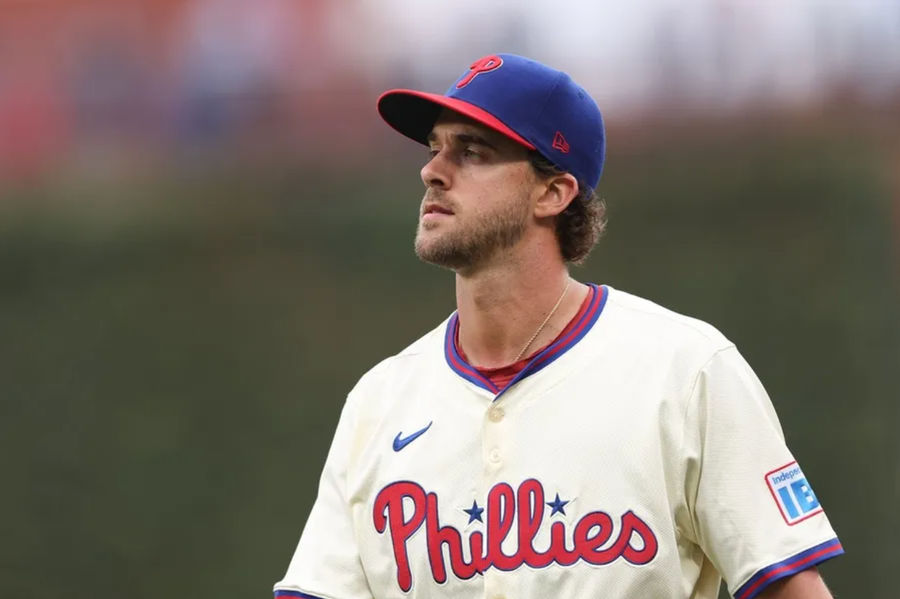 Apr 5, 2025; Philadelphia, Pennsylvania, USA; Philadelphia Phillies pitcher Aaron Nola (27) before action against the Los Angeles Dodgers at Citizens Bank Park. Mandatory Credit: Bill Streicher-Imagn Images