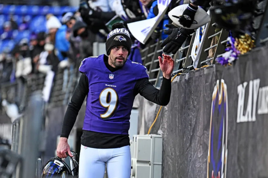 Jan 4, 2025; Baltimore, Maryland, USA; Baltimore Ravens place kicker Justin Tucker (9) arrives before the game against the Cleveland Browns at M&amp;T Bank Stadium. Mandatory Credit: Tommy Gilligan-Imagn Images