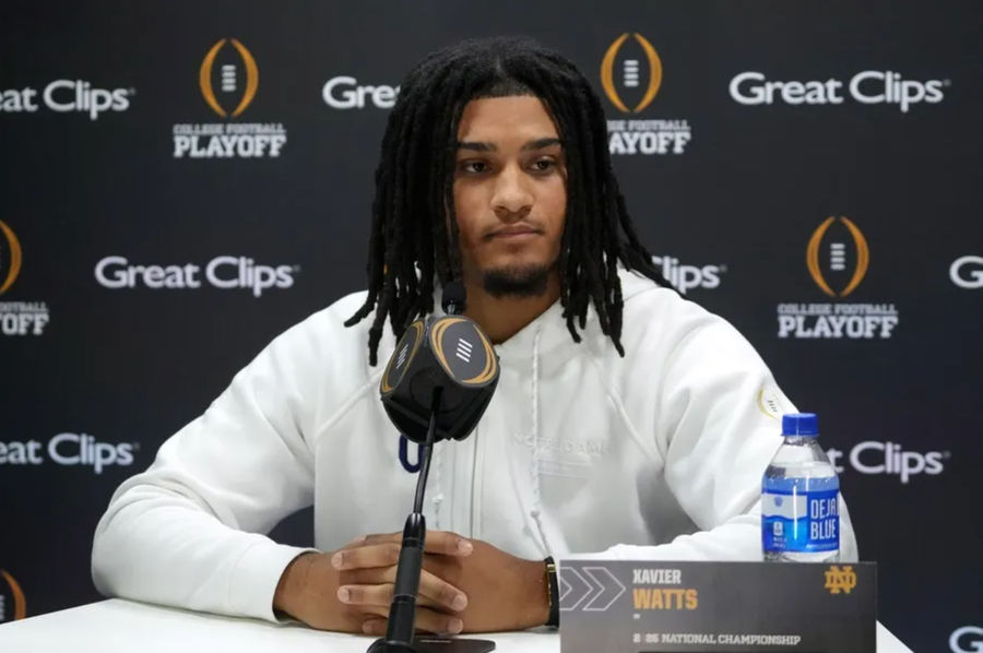 January 18, 2025; Atlanta, GA, USA; Notre Dame, Georgia World Congress Center 2025 CFP National Championship media day during the media day Irish security Xavier Watts (0) Fight A.