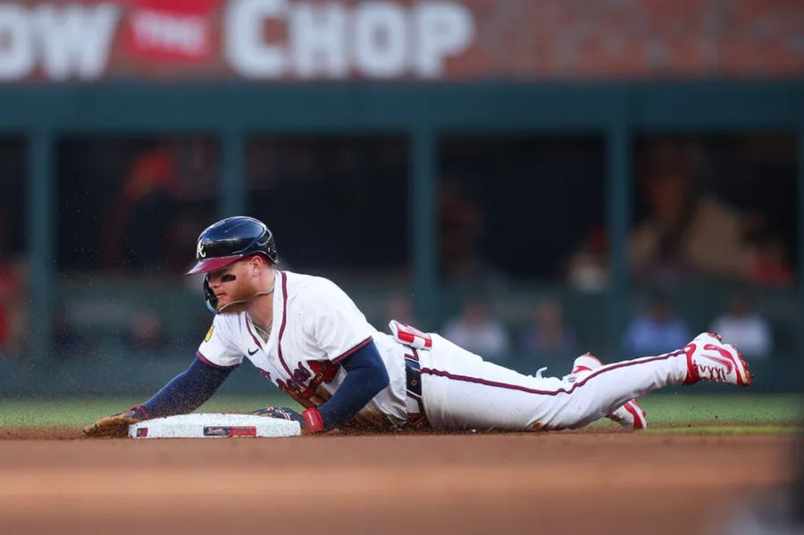 May 12, 2025; Atlanta, Georgia, USA; Atlanta Braves left the Fielder Alex Vardugo (8) slide in the first innings at the Trust Park with a double against Washington's citizens. Compulsory Credit: Brett Davis-Imagon Picture