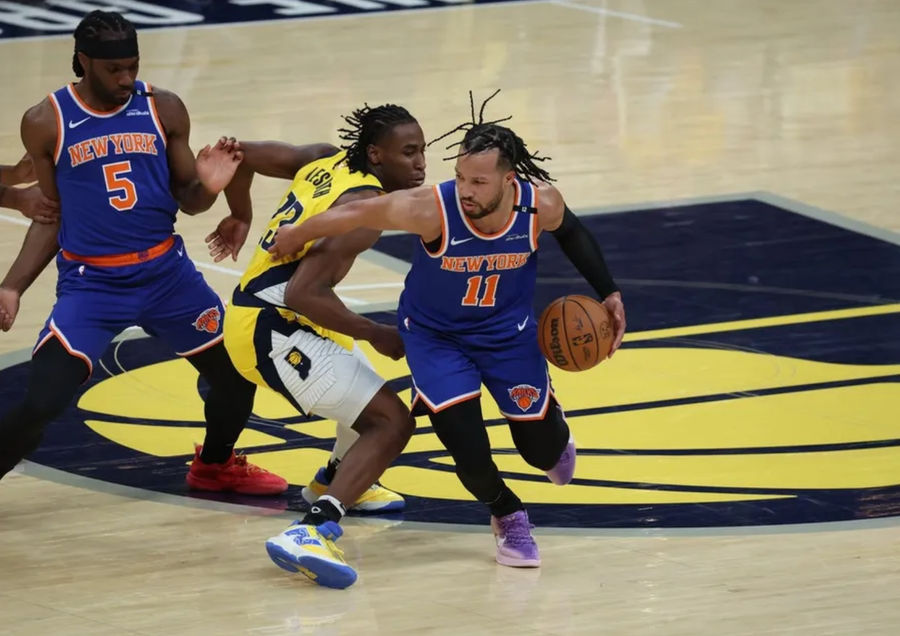 May 27, 2025; Indianapolis, Indiana, USA; New York Nix Guard Jalan Brunson (11) carried forward the Hoop to carry forward the Hoop during the first quarter of the Eastern Conference Final Khel Char of the Eastern Conference Final for the 2025 NBA playoffs at the Gainbridge Fieldhouse. Compulsory Credit: Trevor Ruszkowski-Emagn Picture