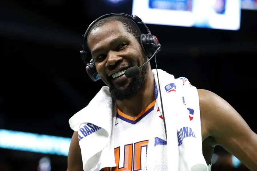 March 1, 2023; Charlotte, Northern Carolina, USA; Phoenix Sun Further Kavin Durant (35) smiles as he is interviewed after the game against Charlot Hornets at the spectrum center. Compulsory Credit: Brian WesterHolt-Imgon Picture