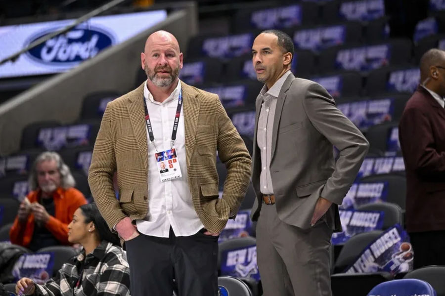 3 January, 2024; Dallas, Texas, USA; Before the game between the General Manager of Portland Trail Blazers who Nico Harrison (Right), General Manager of Chronin (left) and Dallas Maveryx, before the game between Dallas Maveryx and Portland Trail Blazers at the American Airlines Center. Compulsory Credit: Jerome Miron-USA Today Sports