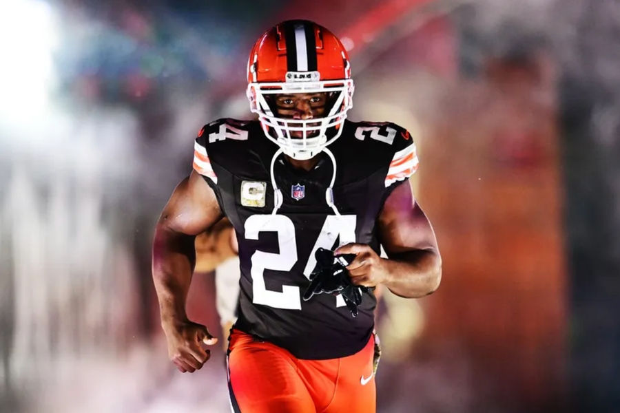 Nov 21, 2024; Cleveland, Ohio, USA; Cleveland Browns running back Nick Chubb (24) is introduced before the game between the Browns and the Pittsburgh Steelers at Huntington Bank Field. Mandatory Credit: Ken Blaze-Imagn Images
