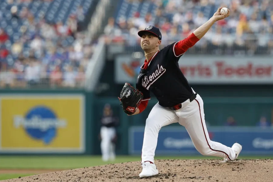 Jun 4, 2025; Washington, District of Columbia, USA; Washington Nationals starting pitcher MacKenzie Gore (1) pitches against the Chicago Cubs during the third inning at Nationals Park. Mandatory Credit: Geoff Burke-Imagn Images