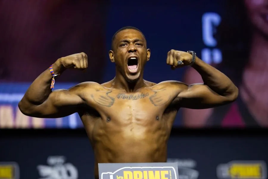 April 12, 2024; Las Vegas, Nevada, USA; UFC Fighter Jamhal Hill, during Ceremonial Wet Ins for UFC 300 in MGM Grand Garden Arena. Credit: Mark J. Ribils-USA Today Sports