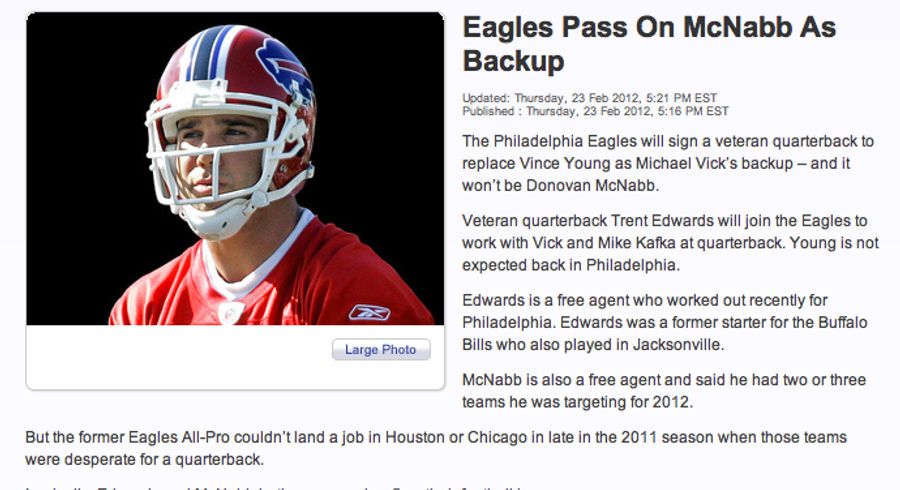 Eagles Sign Trent Edwards, Or As Philly TV Station Puts It, "Eagles Pass On McNabb"