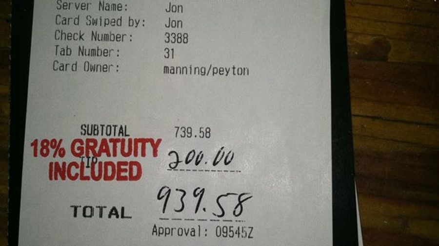Steakhouse Waiter Fired For Showing The World What A Great Tipper Peyton Manning Is