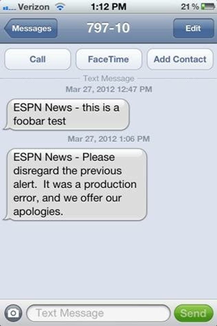 Mistaken ESPN Text Alert Reads Like A Cry For Help