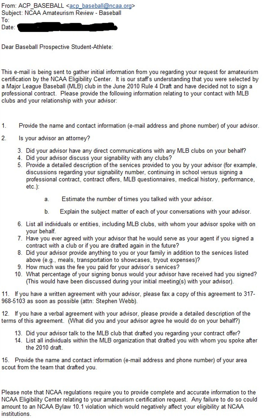 This Is What The NCAA Asks Baseball Recruits When They Are Drafted