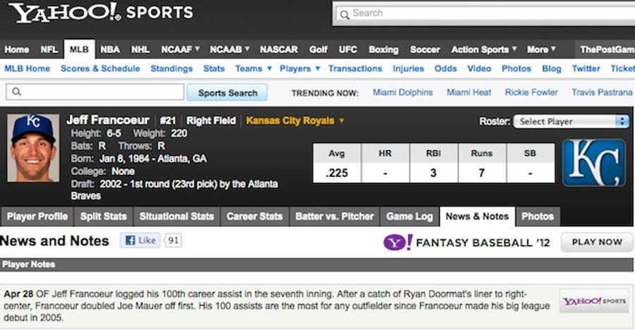 Jeff Francoeur Gets 100th Assist Off Ryan "Doormat" Line Drive