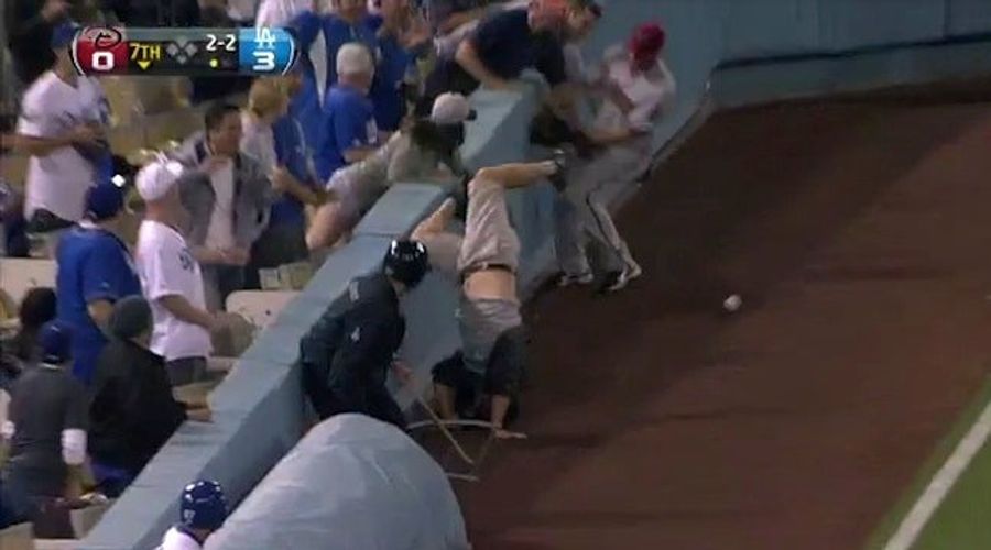 Clumsy Dodgers Fan Drops Foul Ball, Falls Onto Field, Knocks Over Beer
