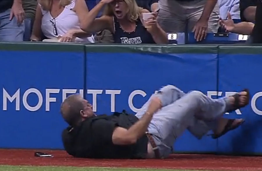 Acrobatic Rays Fan Does Header Onto The Field, But Gets The Foul Ball