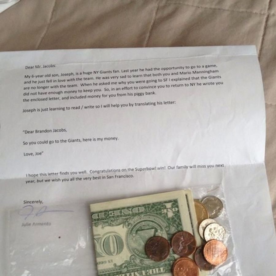 Brandon Jacobs Pays Back Six-Year-Old Who Mailed $3.36 From His Piggy Bank