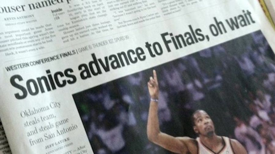 Pacific Northwest Newspaper Headline Sums Up Entire Region's Feelings: "Sonics Advance To Finals, Oh Wait"