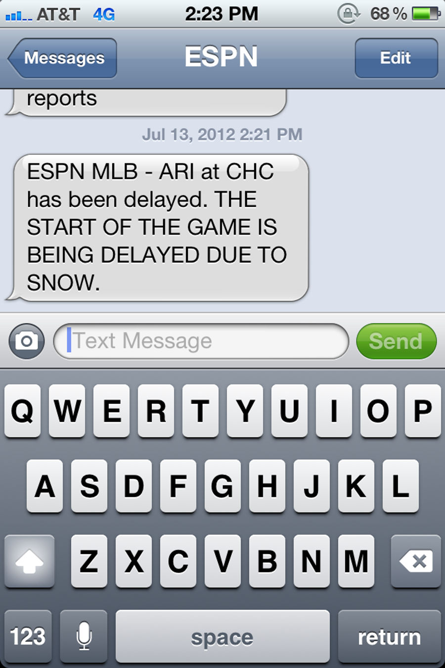 ESPN Reports The Diamondbacks-Cubs Game Is Being Delayed By Snow