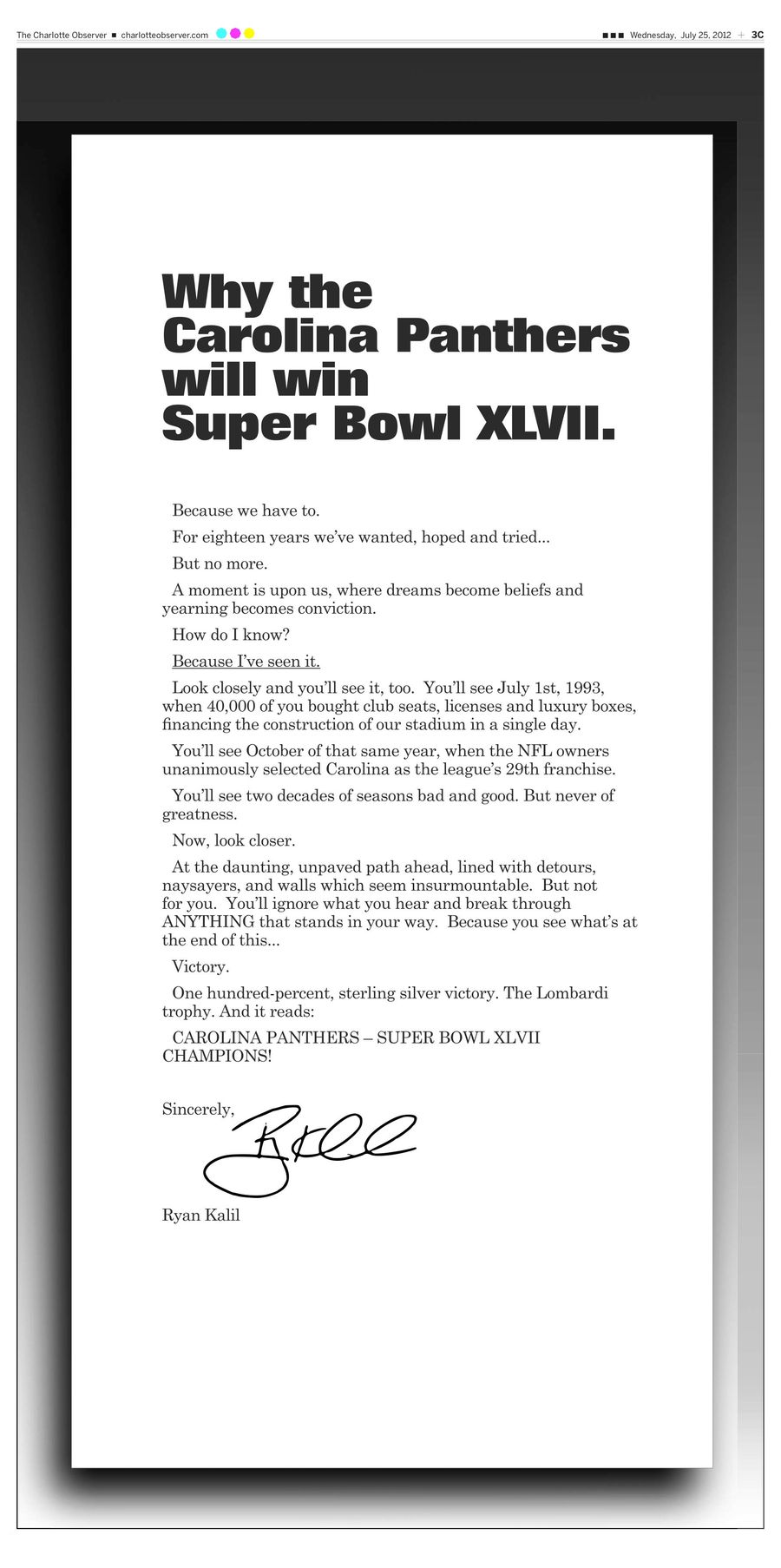 Ryan Kalil Takes Out Full-Page Newspaper Ad Guaranteeing A Panthers Super Bowl Victory