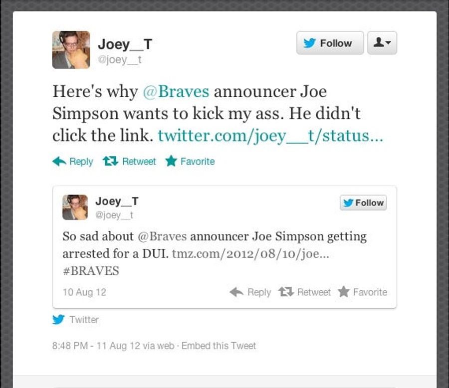 It Sounds Like Braves Broadcaster Joe Simpson Wants To Beat Up Someone On Twitter