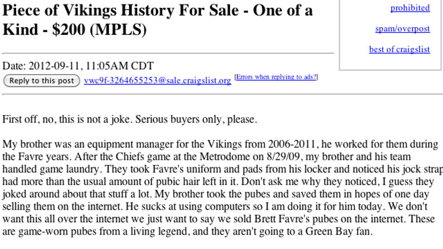 Brett Favre's Purported Pubes Are For Sale On Craigslist For $200 (Or Best Offer)