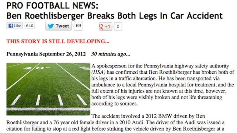 Hoax Website Fools Reporters Into Thinking Ben Roethlisberger Broke His Legs In A Car Accident