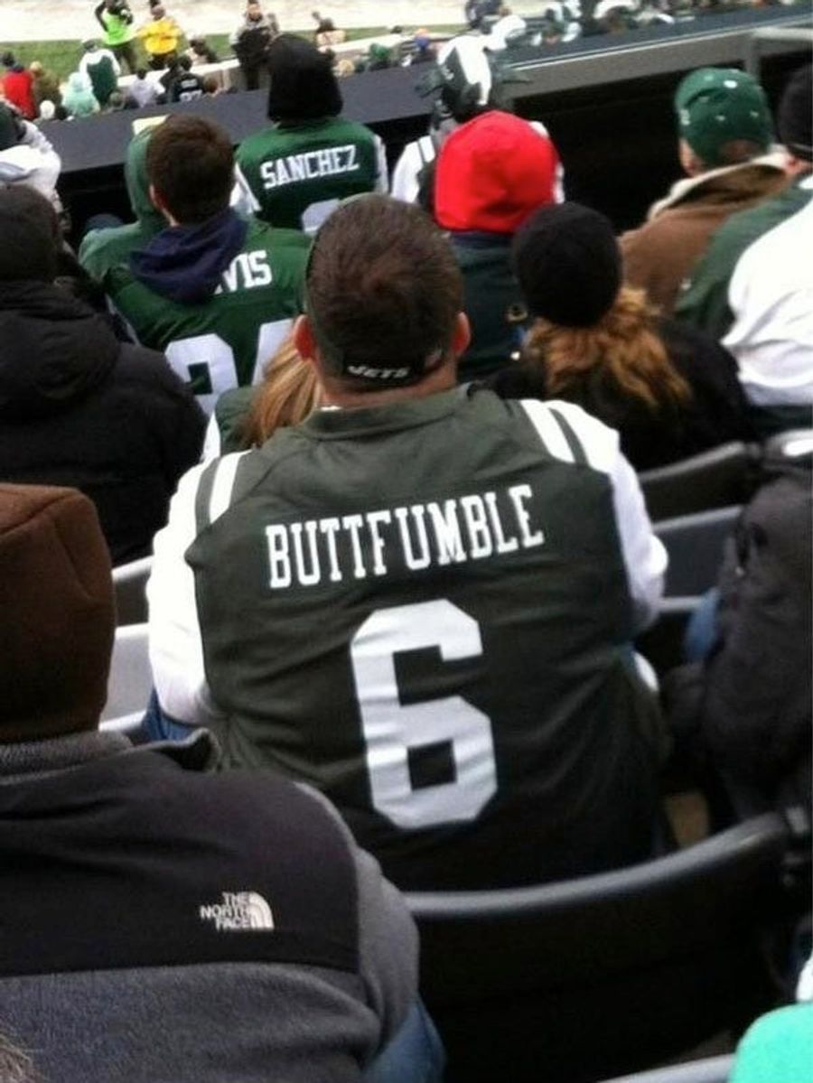 Jets Fan Breaks Out The Mark Sanchez "Buttfumble" Jersey