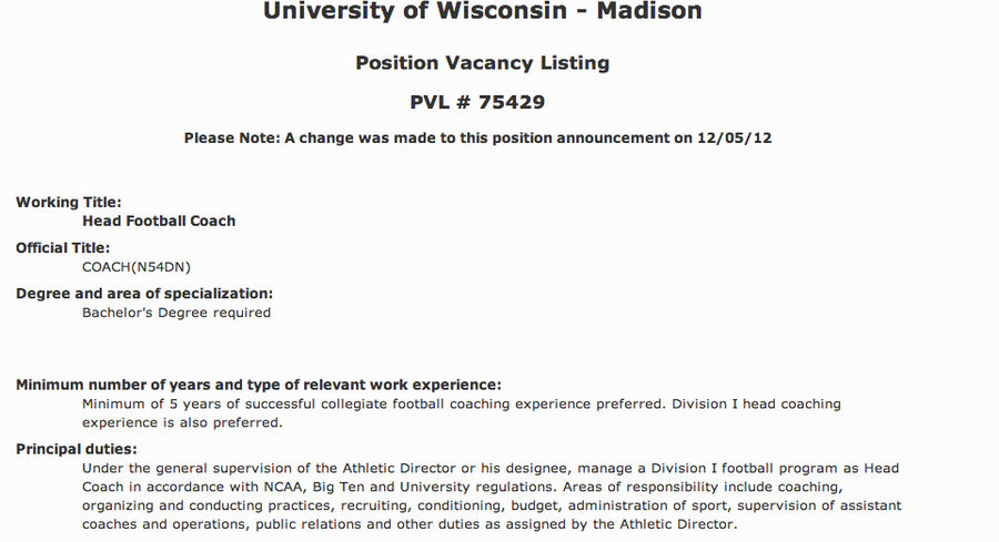 &quot;Minimum of 5 Years Of Successful Collegiate Football Coaching Experience Preferred&quot;: You Can Apply To Coach Wisconsin Football
