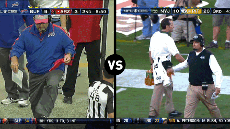 Who Has The Funnier Challenge-Flag-Throwing Motion, Rex Ryan Or Chan Gailey?
