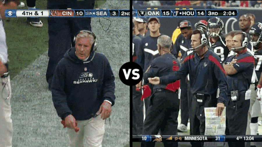 Who Has The Funnier Challenge-Flag-Throwing Motion, Pete Carroll Or Gary Kubiak?