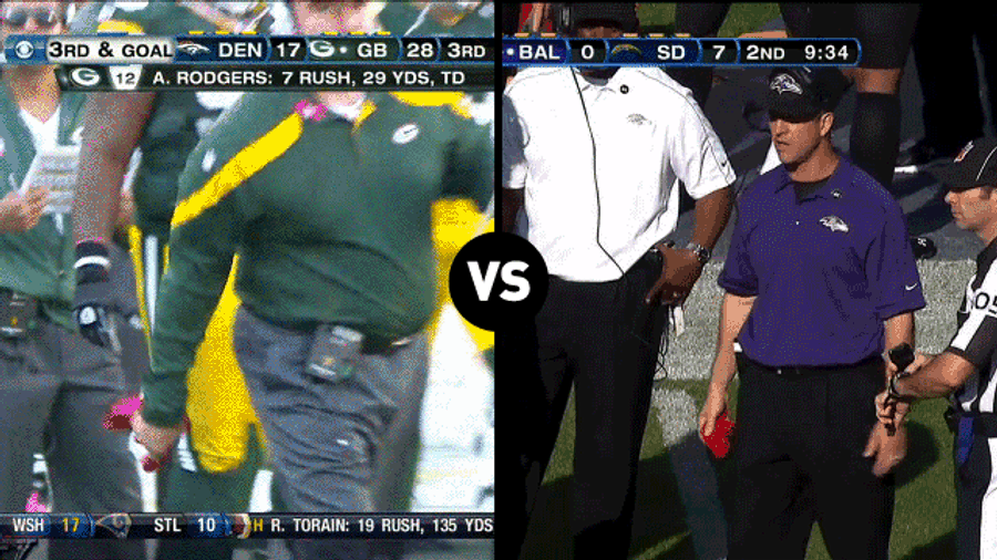 Who Has The Funnier Challenge-Flag-Throwing Motion, John Harbaugh Or Mike McCarthy?