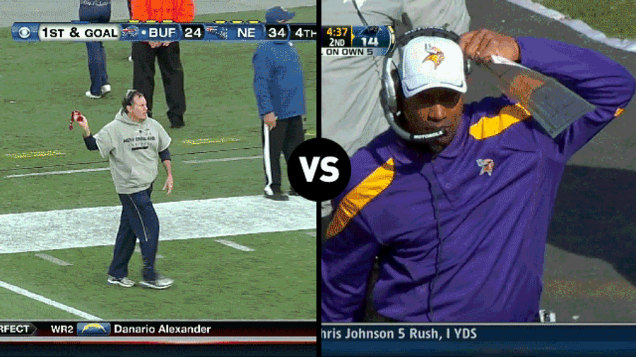 Who Has The Funnier Challenge-Flag-Throwing Motion, Leslie Frazier Or Bill Belichick?