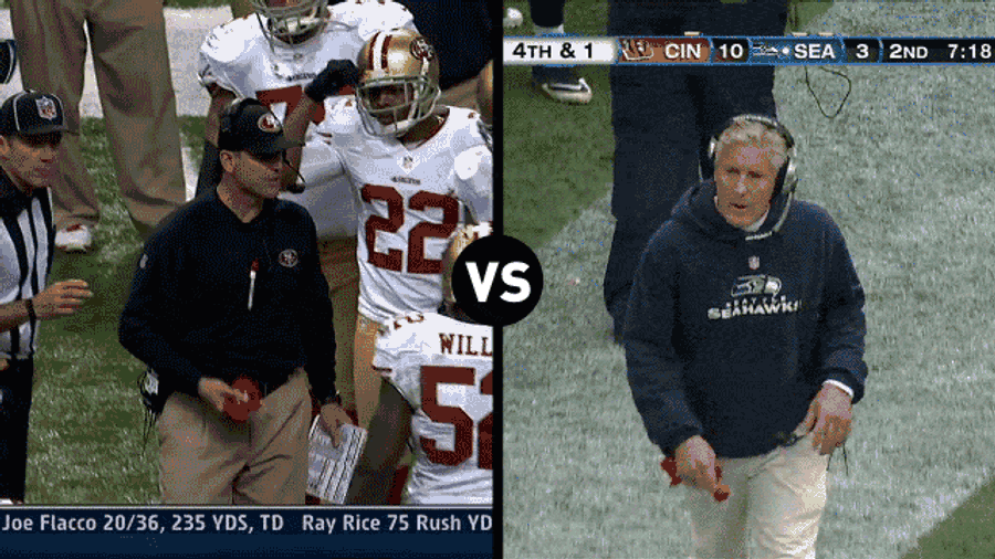 Who Has The Funnier Challenge-Flag-Throwing Motion, Jim Harbaugh Or Pete Carroll?