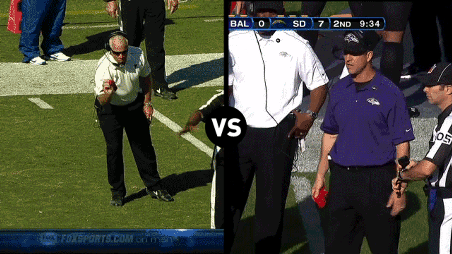 Who Has The Funnier Challenge-Flag-Throwing Motion, John Harbaugh Or Mike Smith?