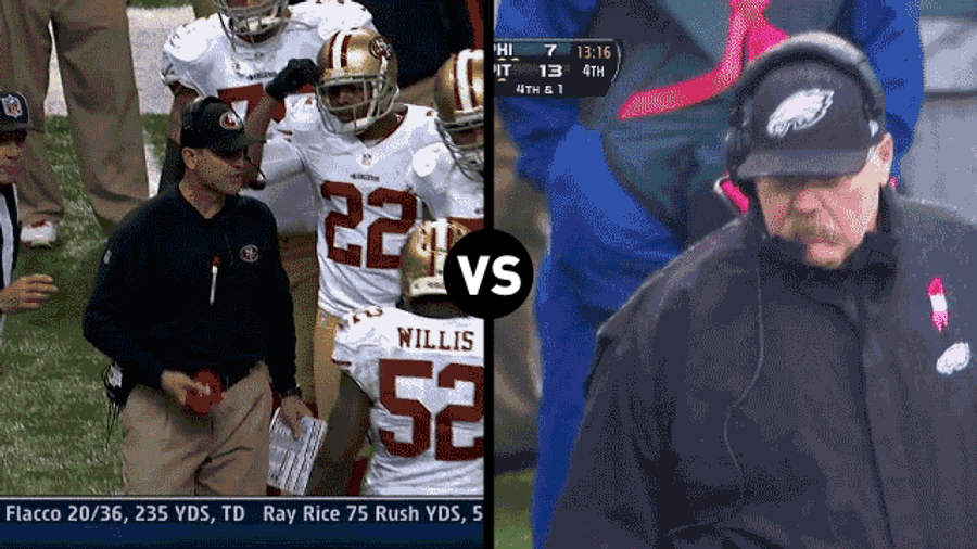 Who Has The Funnier Challenge-Flag-Throwing Motion, Andy Reid Or Jim Harbaugh?