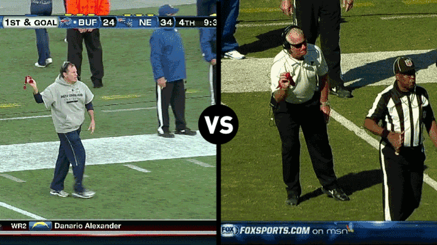 Who Has The Funnier Challenge-Flag-Throwing Motion, Bill Belichick Or Mike Smith?