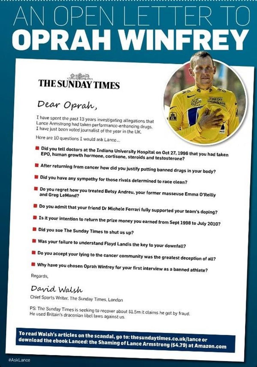 <em>The Sunday Times</em> Put An Ad In <em>The Chicago Tribune</em> About What Questions Lance Armstrong Should Answer On <em>Oprah</em>