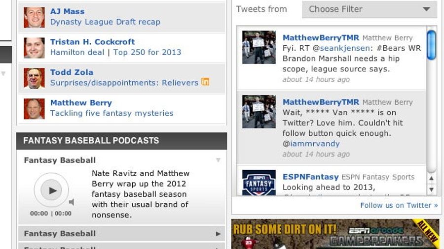 ESPN&#39;s Matthew Berry Is A Big ***** Van ***** Fan, Says ESPN&#39;s Content Filter