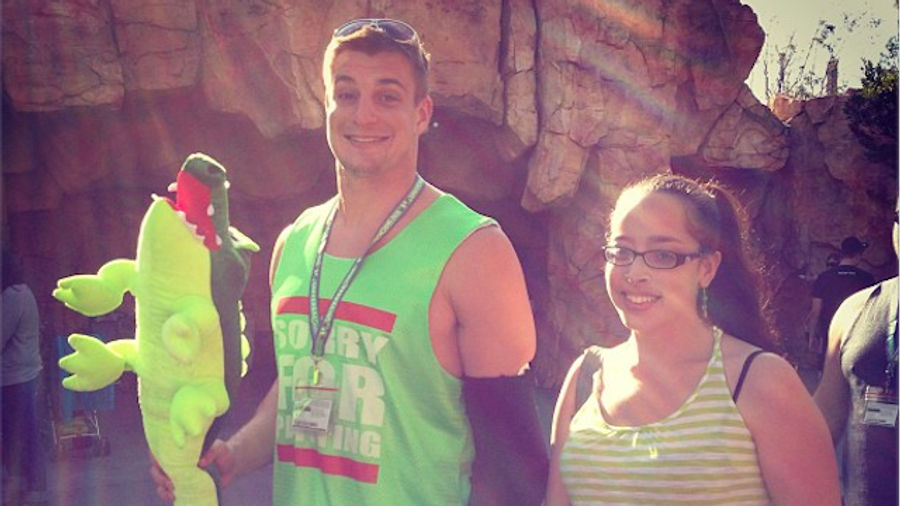 Rob Gronkowski Dons A "Sorry For Partying" Tank Top, Makes A Fan Kiss His Stuffed Alligator