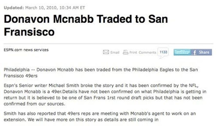 Donavon Mcnabb Traded To San Fransisco; Donovan McNabb Still On Eagles