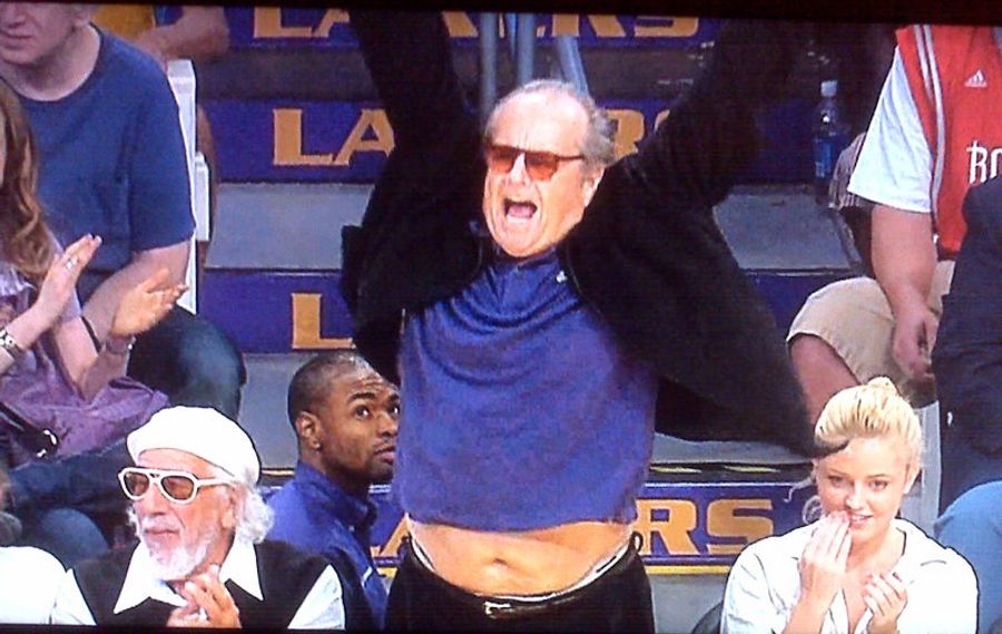Fat Old Lakers Fan Wearing Sunglasses Rejoices